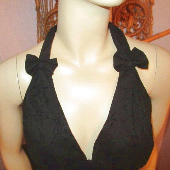 Vintage Y2K Flocked Velvet Halter Top Size M Skulls Bows Pin Up Rockabilly Vamp - Picture 2 of 12